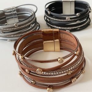 💝Boutique BROWN~Multi Strand🌾Leather&Rhinestone Boho Bracelet
